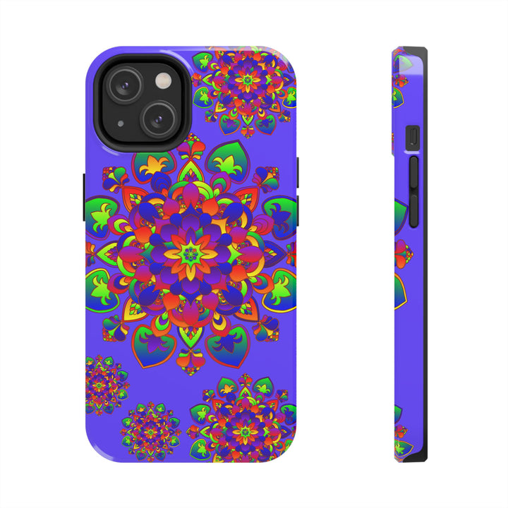 A close-up image of a colorful hand-drawn mandala rainbow design phone case