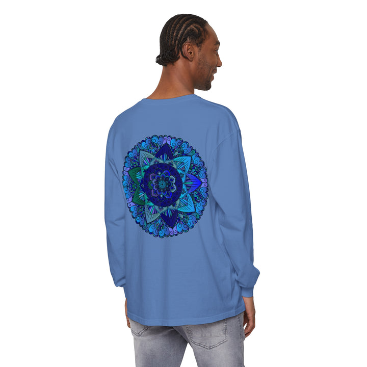 Dark blue and green mandala long sleeve t-shirt with intricate design