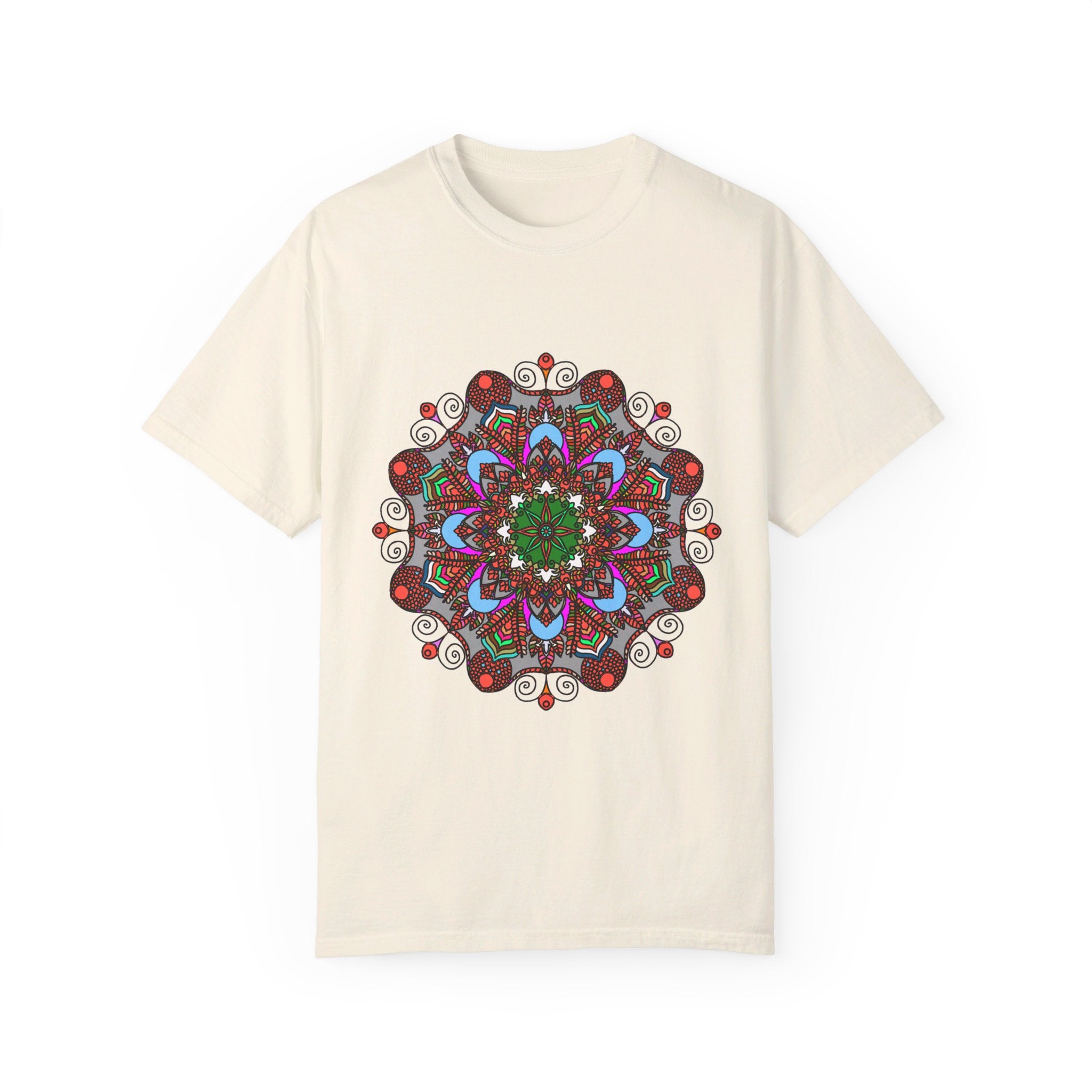 Unisex Mandala T-Shirt featuring intricate hand-drawn mandala art, made from 100% ring-spun cotton and garment-dyed for extra comfort