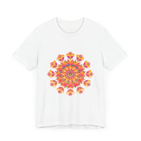 Colorful mandala tee in vibrant shades of pink, yellow, orange, and green