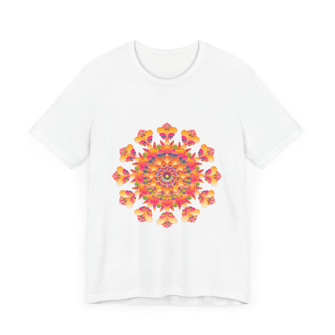 Colorful mandala tee in vibrant shades of pink, yellow, orange, and green