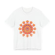 Colorful mandala tee in vibrant shades of pink, yellow, orange, and green