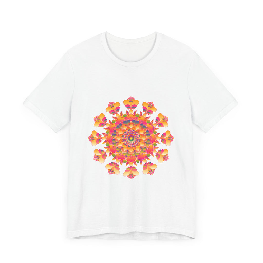 Colorful mandala tee in vibrant shades of pink, yellow, orange, and green