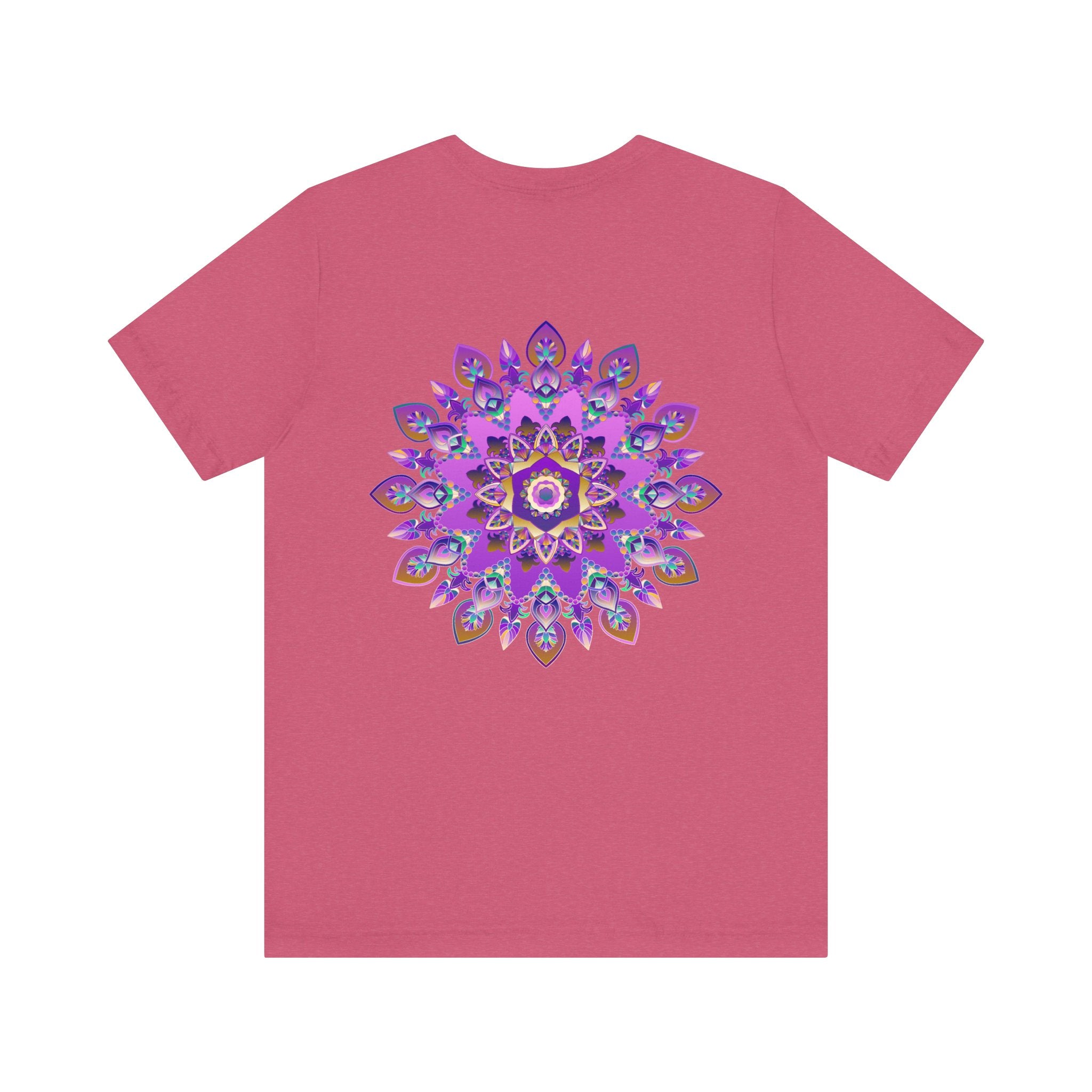 Beautiful purple mandala t-shirt with intricate design symbolizing spiritual peace and harmony, perfect for finding inner calm and balance