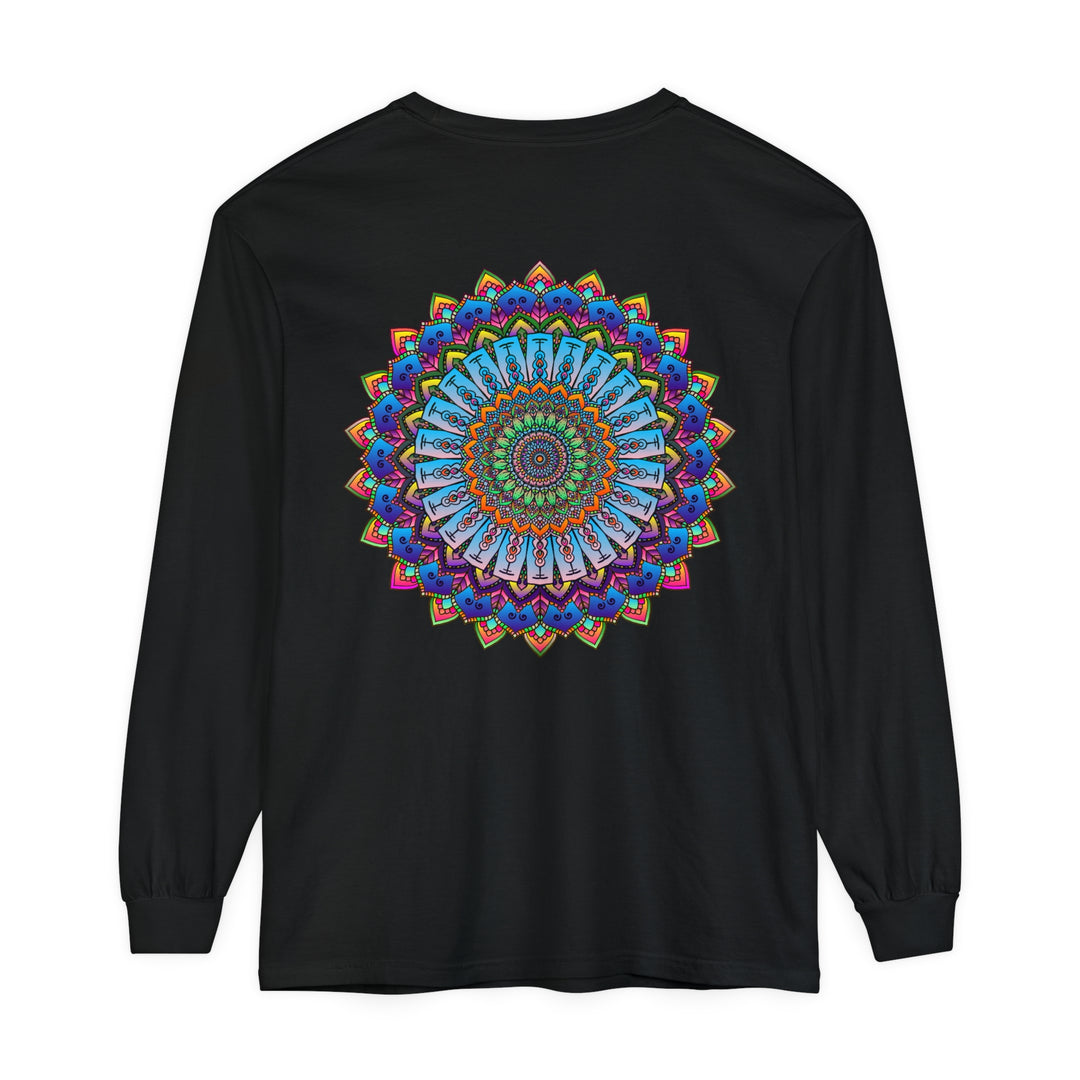 Colorful and intricate mandala design long sleeve t-shirt, suitable for both men and women, vibrant and eye-catching