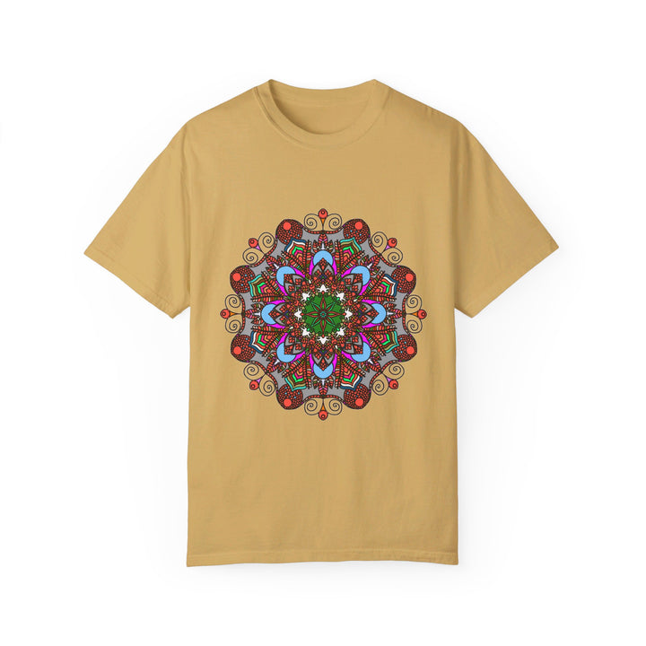 A close-up image of a unisex mandala t-shirt, featuring hand-drawn mandala art and made from 100% ring-spun cotton, garment-dyed for extra comfort