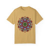 A close-up image of a unisex mandala t-shirt, featuring hand-drawn mandala art and made from 100% ring-spun cotton, garment-dyed for extra comfort