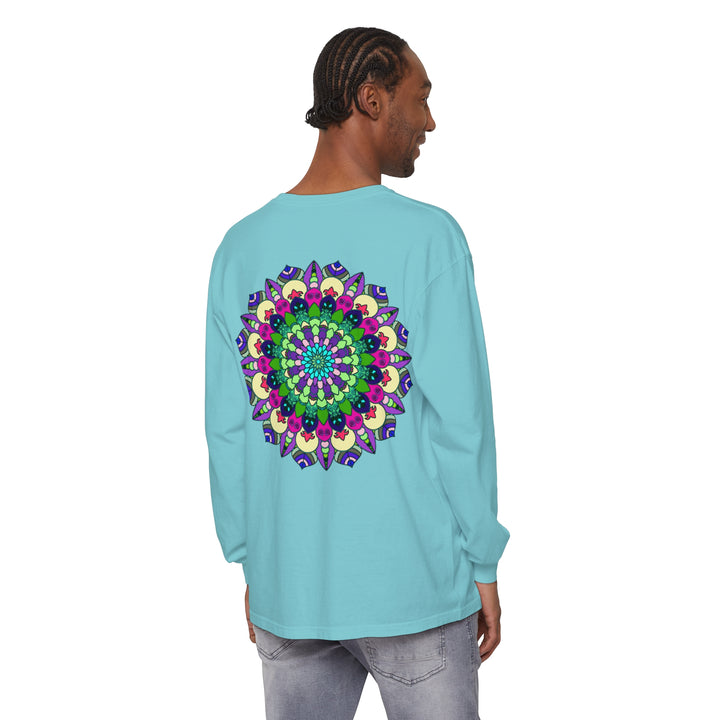 Colorful and detailed mandala design on a unisex long sleeve t-shirt