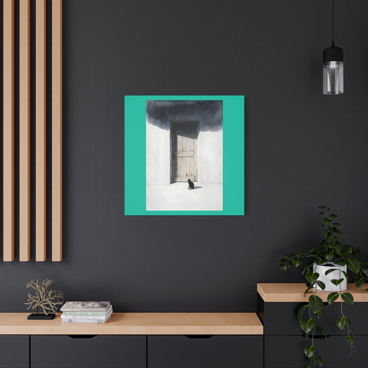 Cat at the Door Matte Canvas Wall Art — Moody Minimalist Cat Illustration