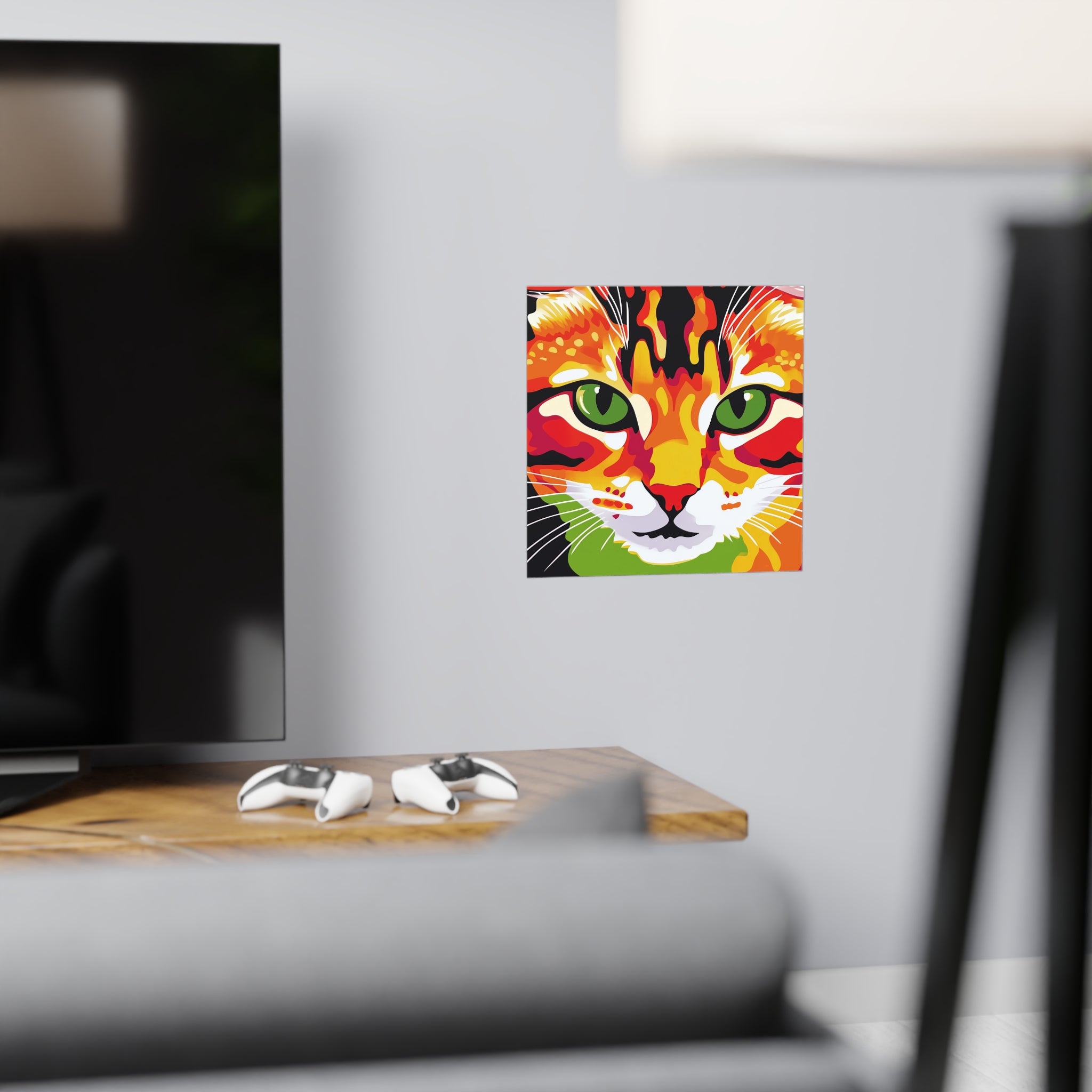 Vibrant and captivating animal art poster showcasing a whimsical and colorful cat portrait