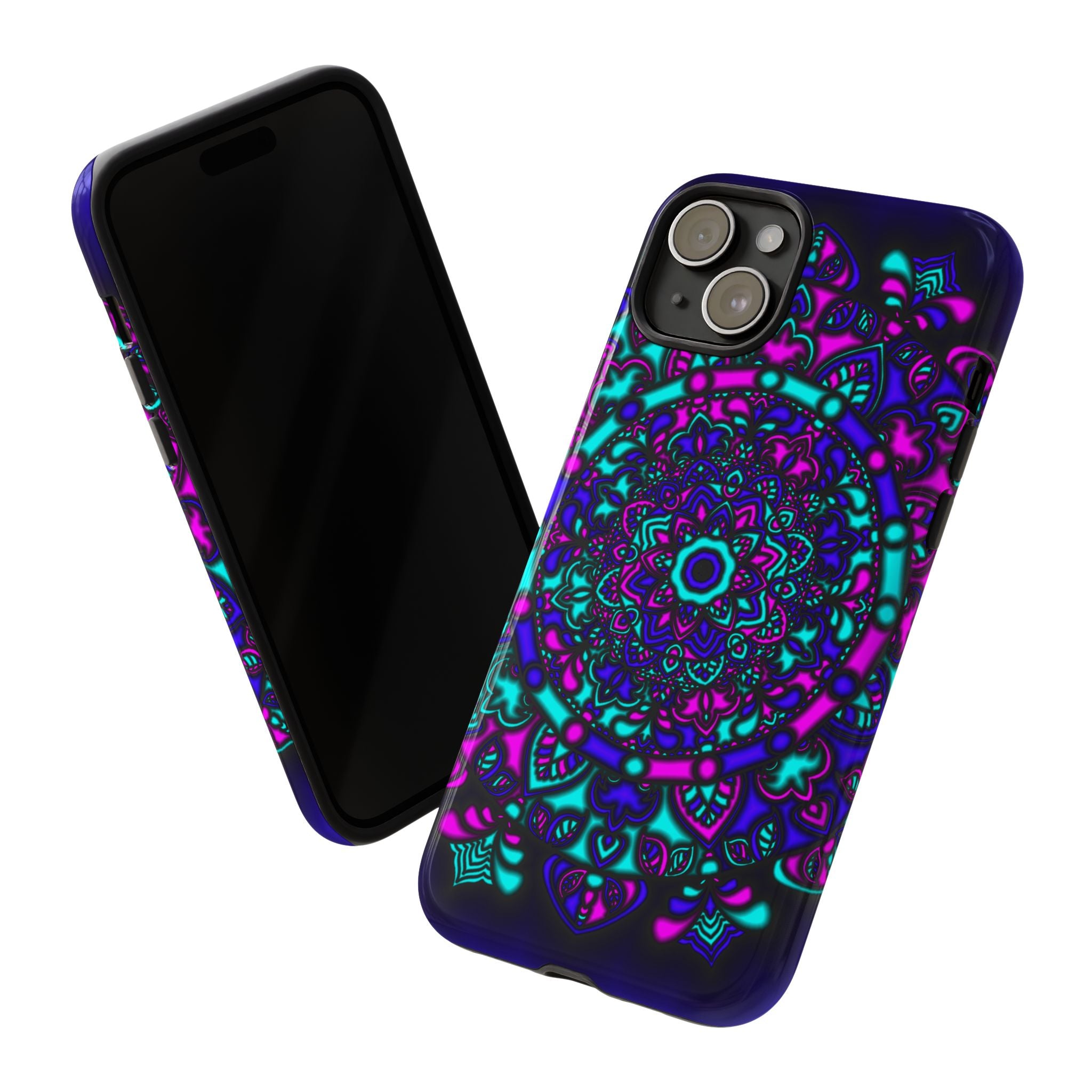 Mandala Neon Phone Case — Purple & Teal Protective Tough Case