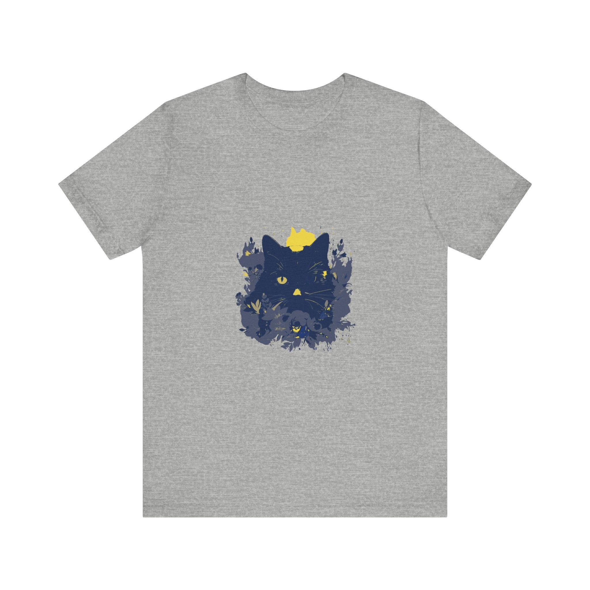 Black Cat Mystery T-Shirt featuring a whimsical design of colorful flowers