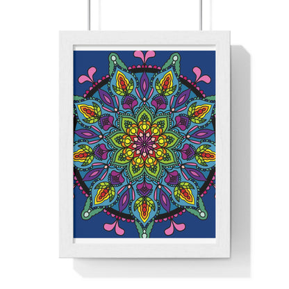 Beautiful hand-drawn blue mandala art framed poster, perfect for mindfulness and yoga practice