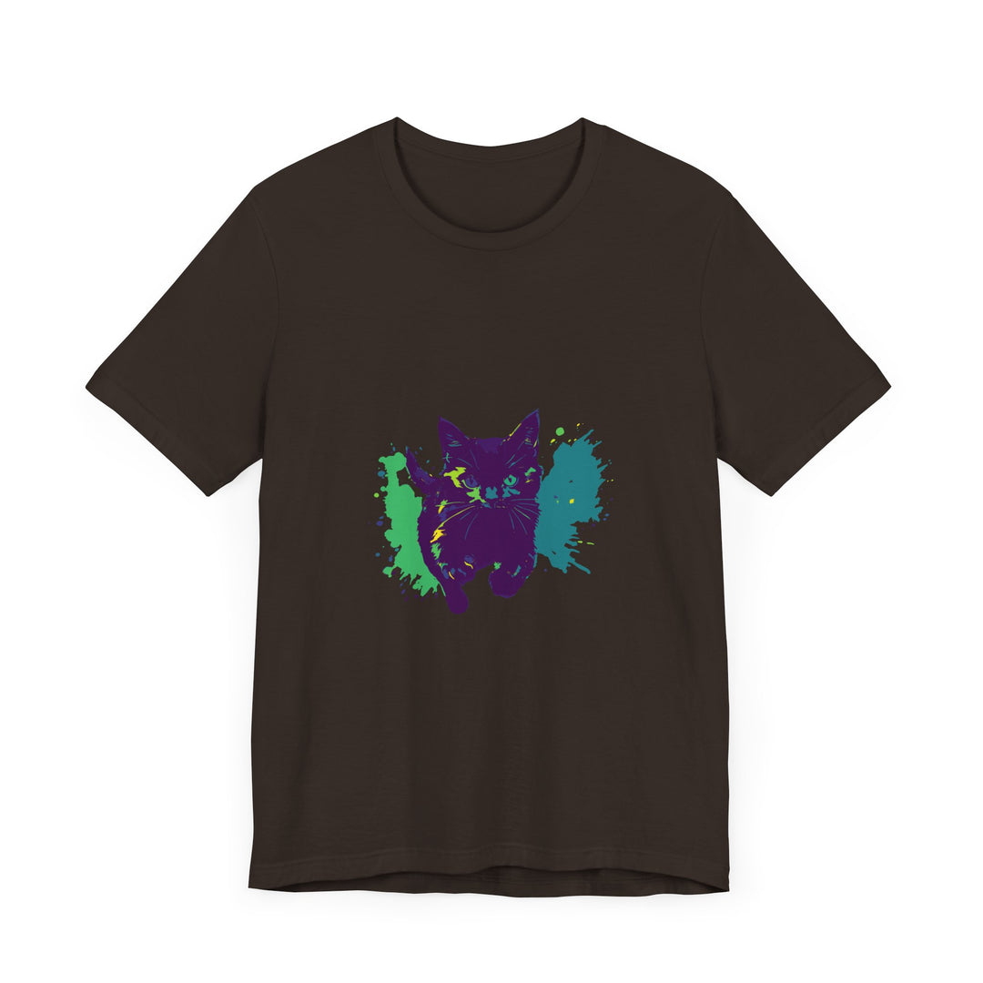 A vibrant and eye-catching Black Cat Mystery - Colorful Splash T-Shirt with a playful and mysterious design featuring a black cat surrounded by colorful splashes of paint