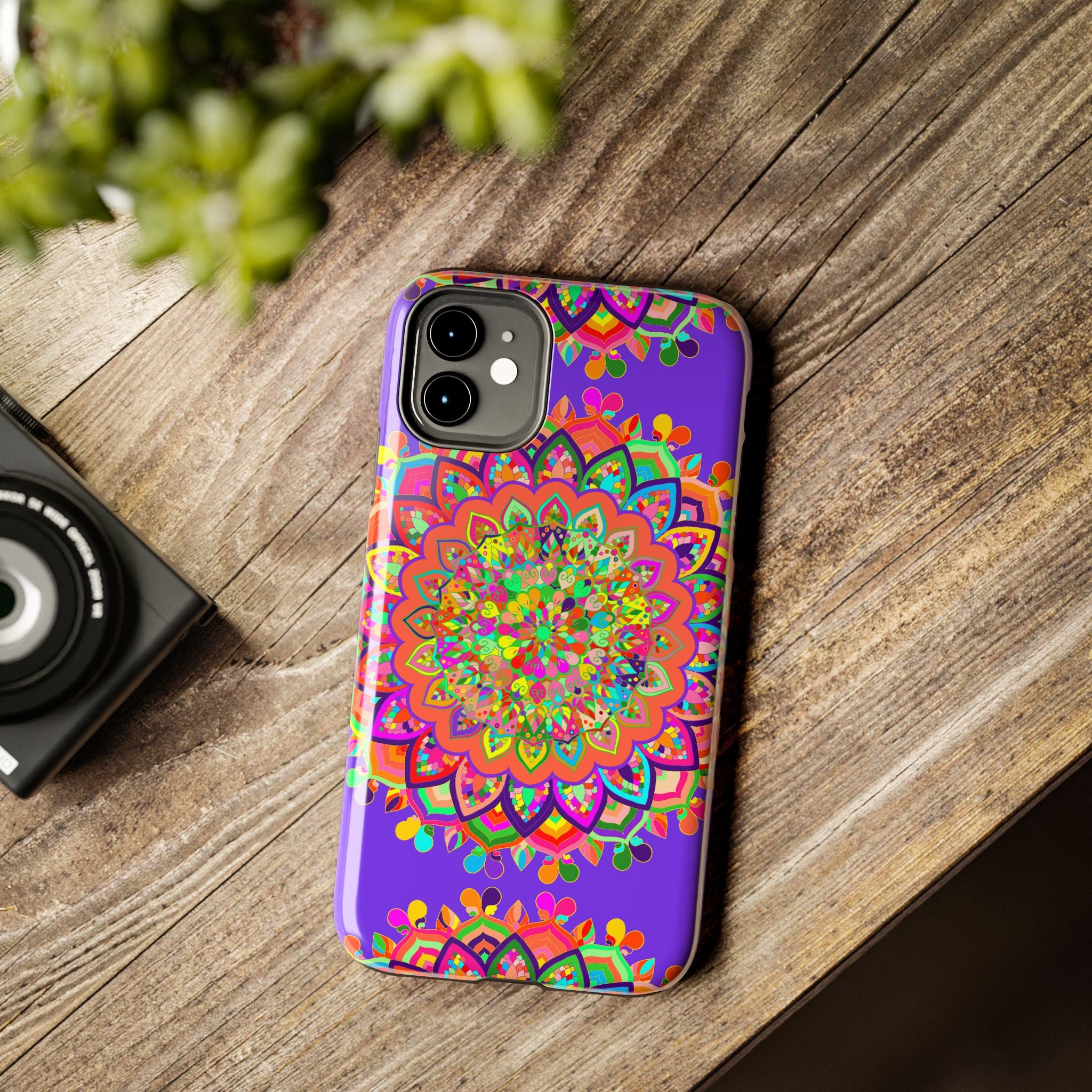 Hand drawn purple mandala art phone case featuring intricate geometric design