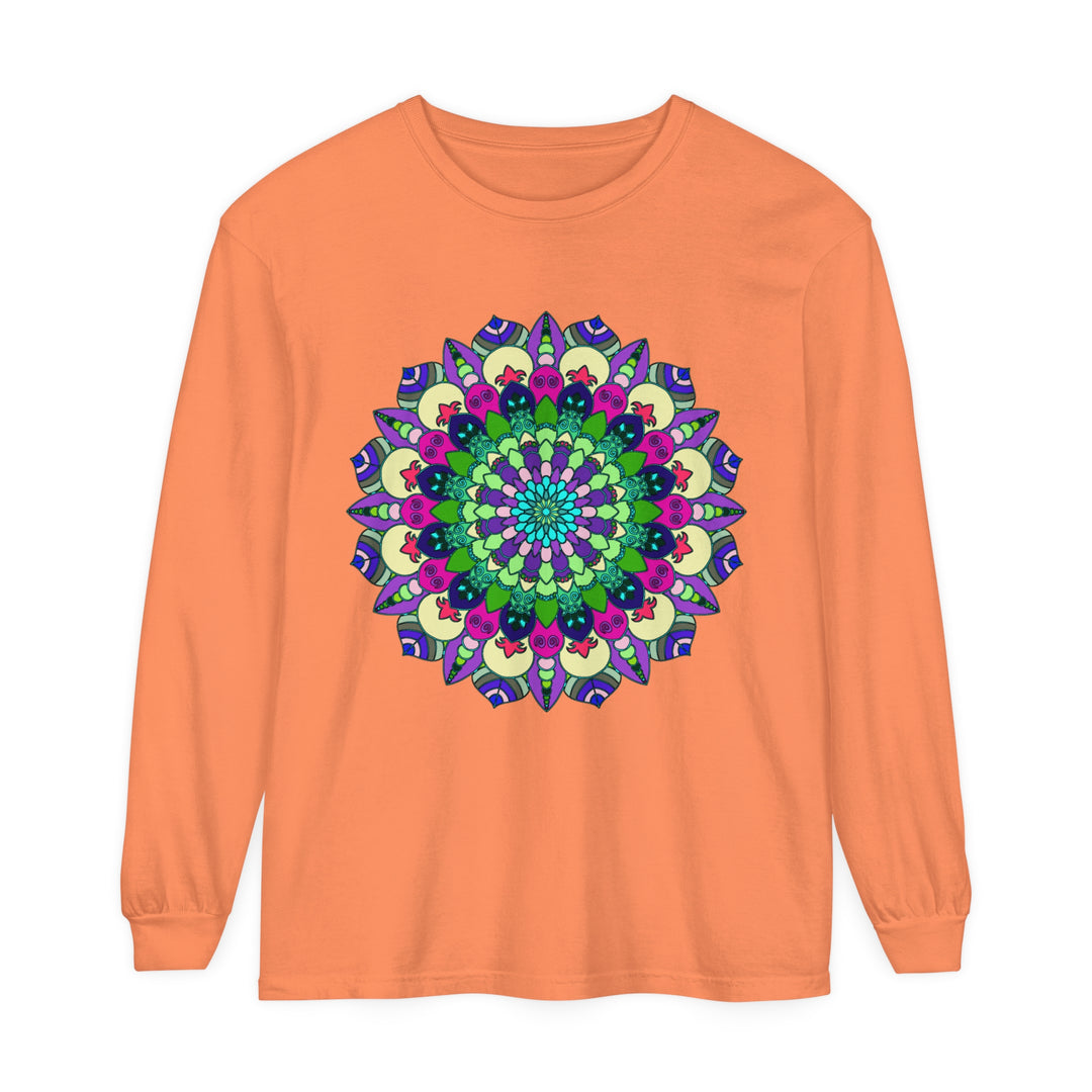 Vibrant mandala long sleeve t-shirt featuring intricate floral design and bright colors