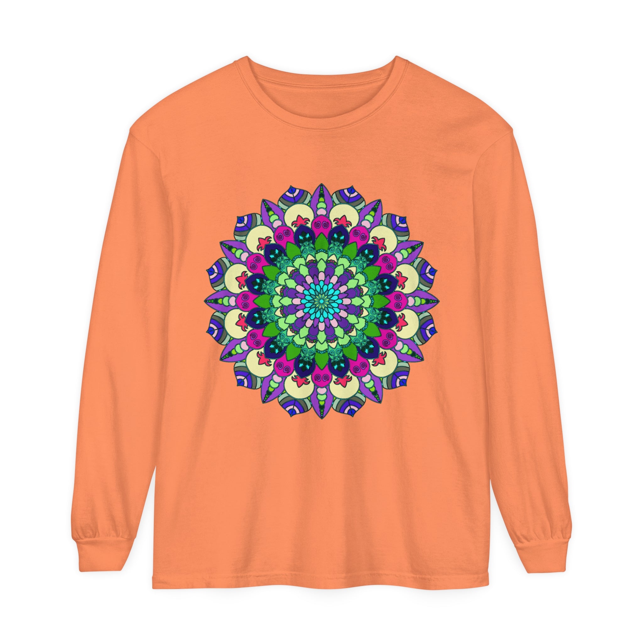 Vibrant mandala long sleeve t-shirt featuring intricate floral design and bright colors