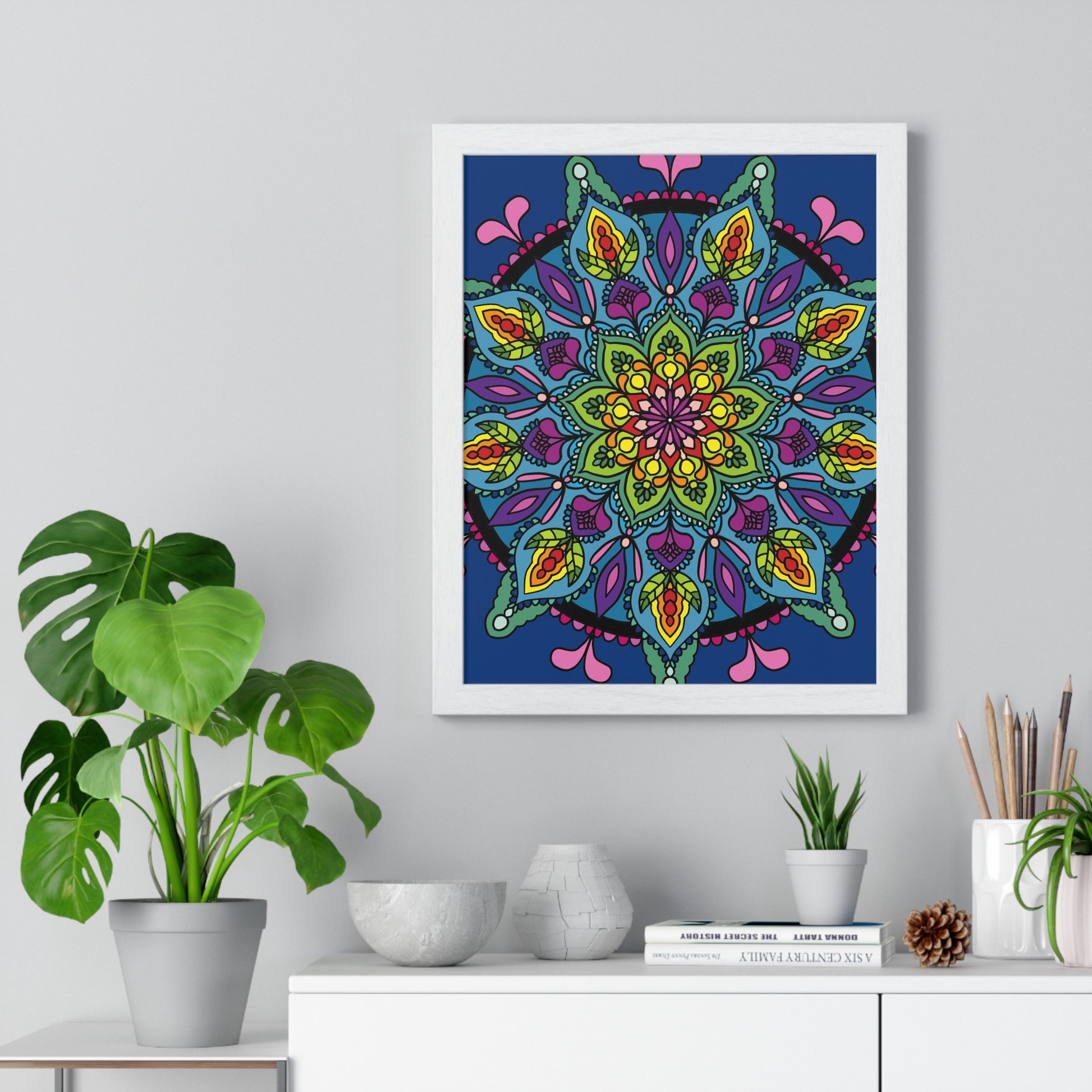 Vertical framed poster featuring a stunning hand-drawn blue mandala art, perfect for mindfulness and yoga practices