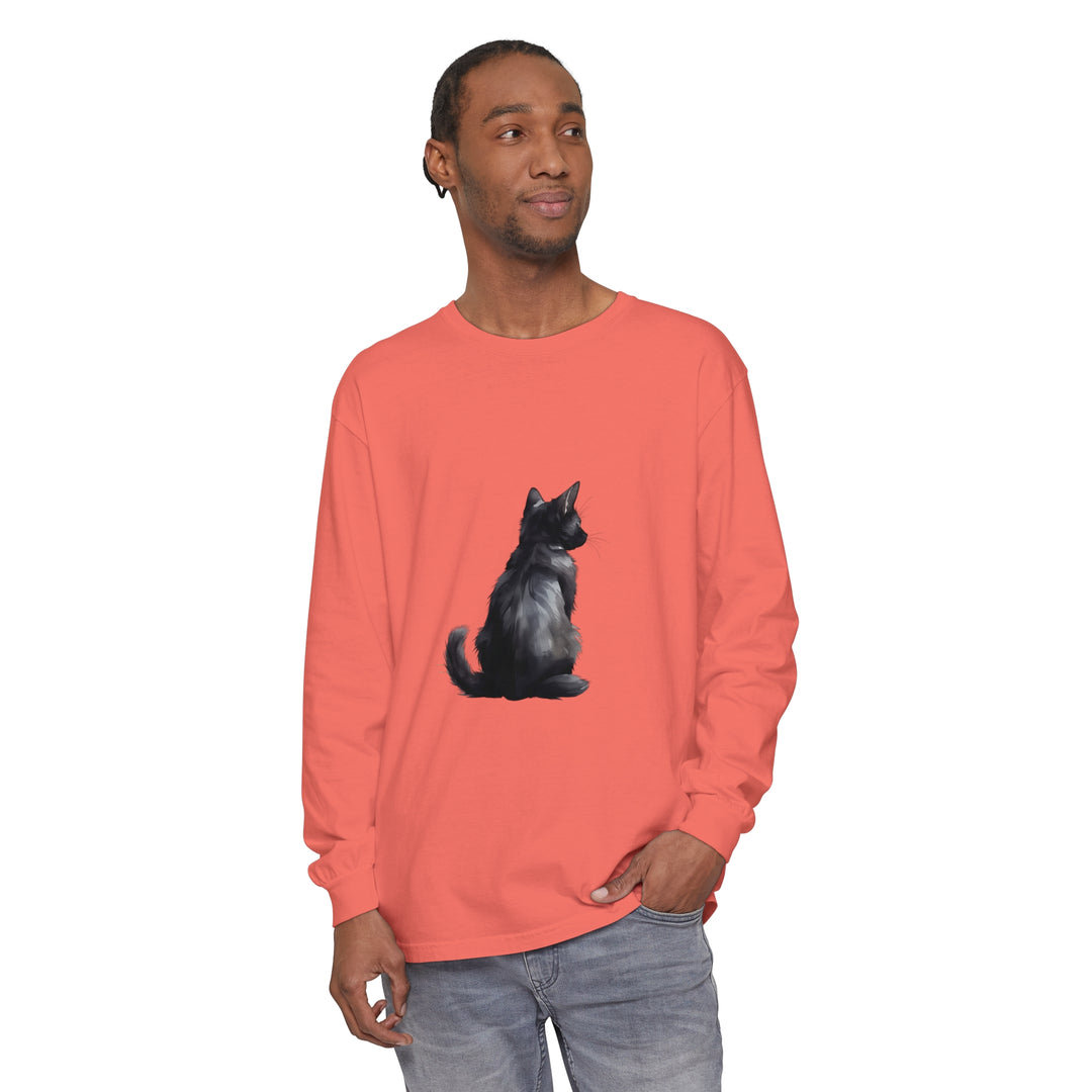 Black Cat Mystery unisex long sleeve tee featuring stylish and mysterious design