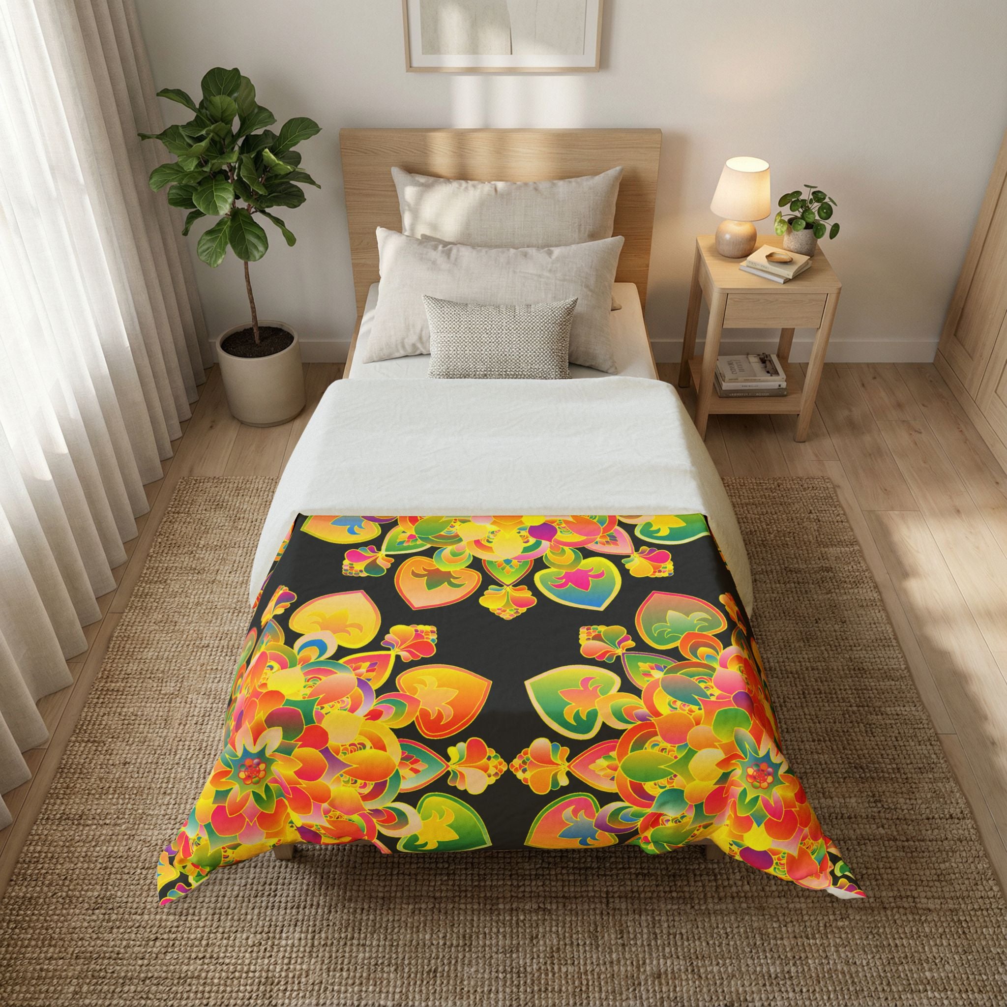 Copripiumino in cotone con motivo mandala floreale boho — Cuori arcobaleno vivaci su nero