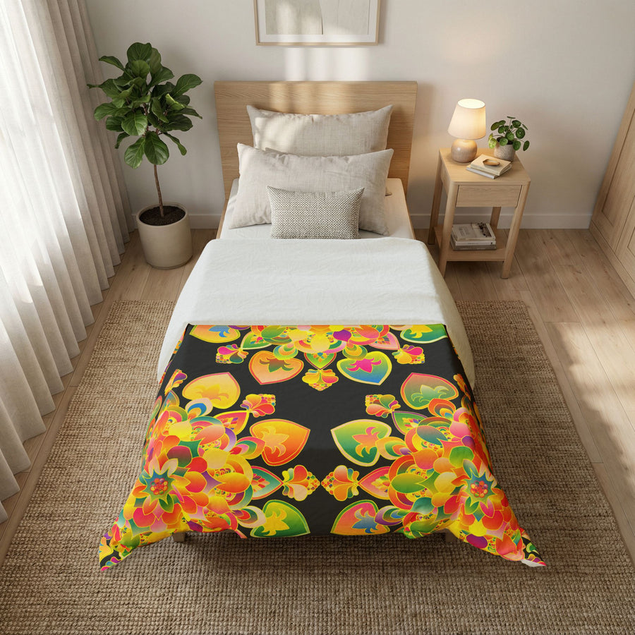 Copripiumino in cotone con motivo mandala floreale boho — Cuori arcobaleno vivaci su nero