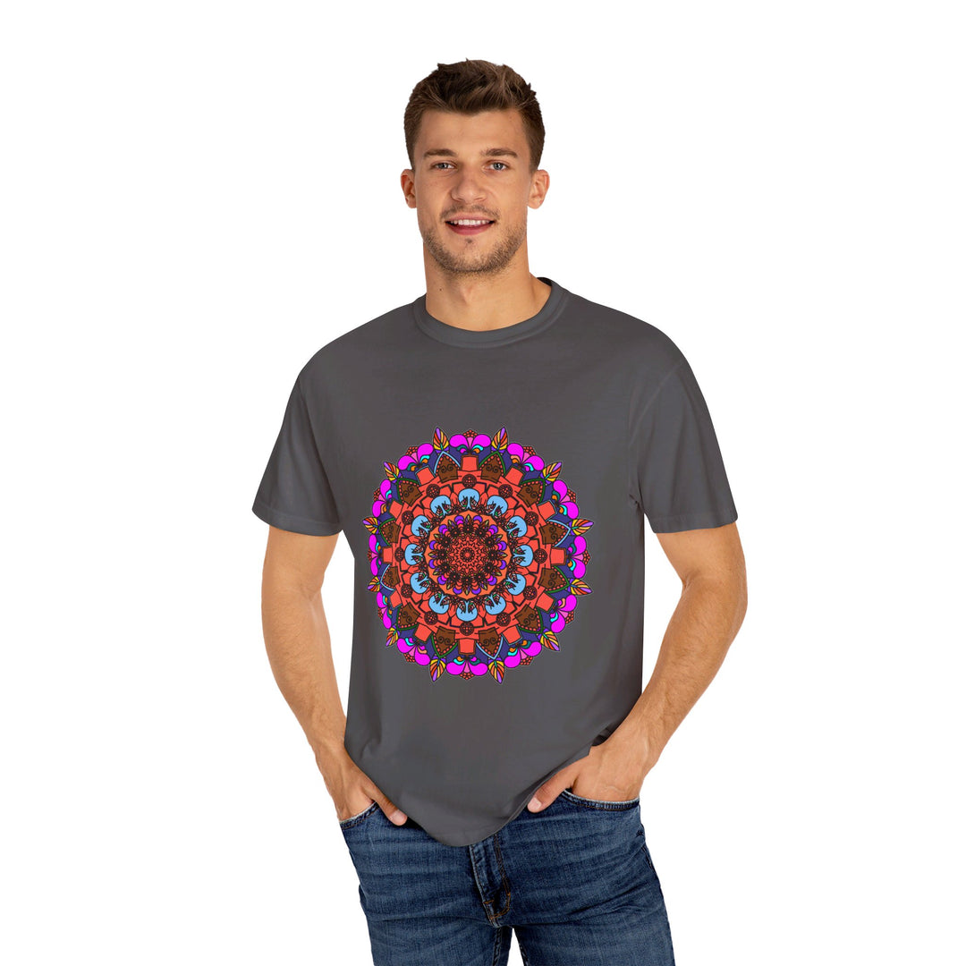 Unisex Mandala T-Shirt showcasing hand-drawn mandala art, made from 100% ring-spun cotton and garment-dyed for extra comfort