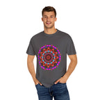 Unisex Mandala T-Shirt showcasing hand-drawn mandala art, made from 100% ring-spun cotton and garment-dyed for extra comfort