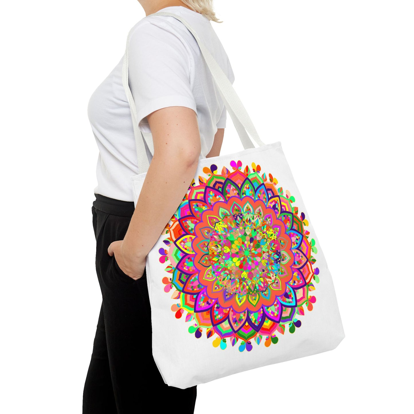 Colorful mandala art tote bag featuring intricate designs and vibrant colors