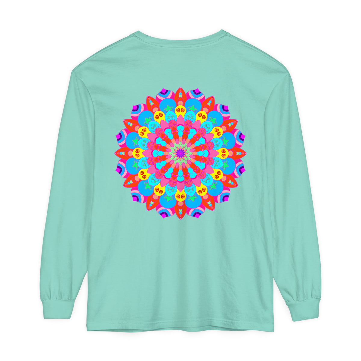 Vibrant and intricate mandala design on a long sleeve unisex t-shirt