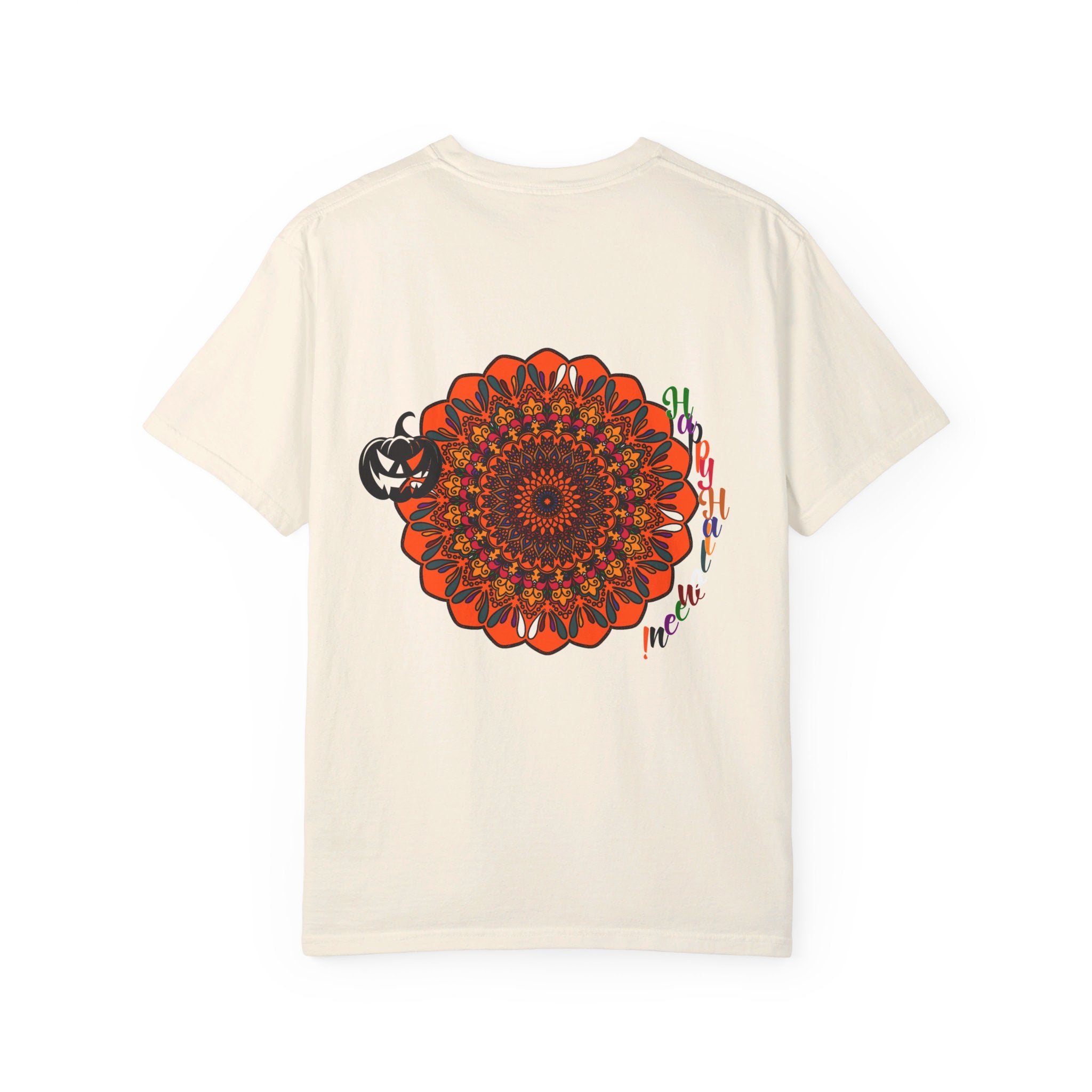 Handmade unisex Halloween Mandala T-shirt featuring a pumpkin mandala art design on a garment-dyed tee