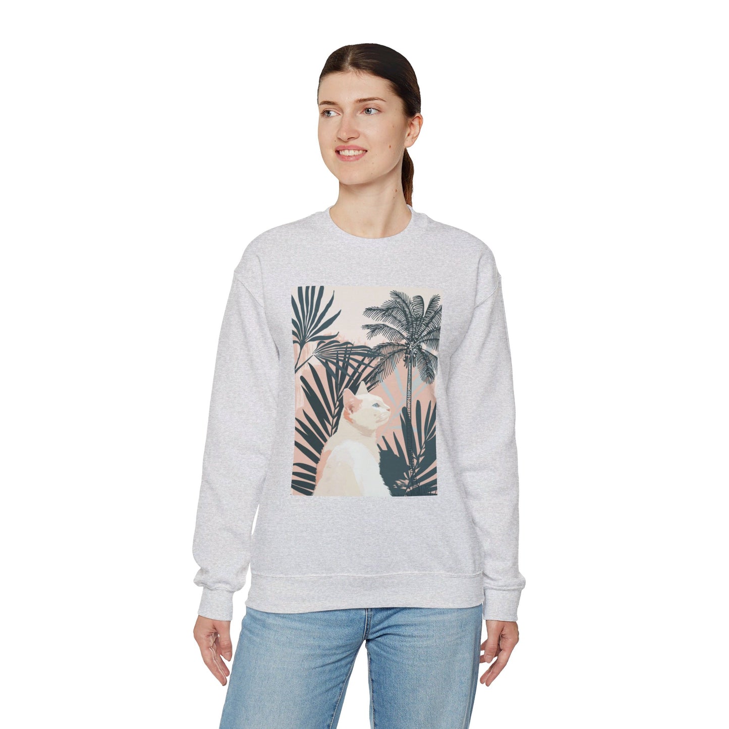 A cozy unisex heavy blend crewneck sweatshirt featuring a cute cat under palm trees design