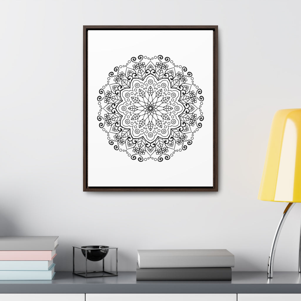 Handmade black and white mandala art on gallery canvas wraps with vertical frame for wall decor