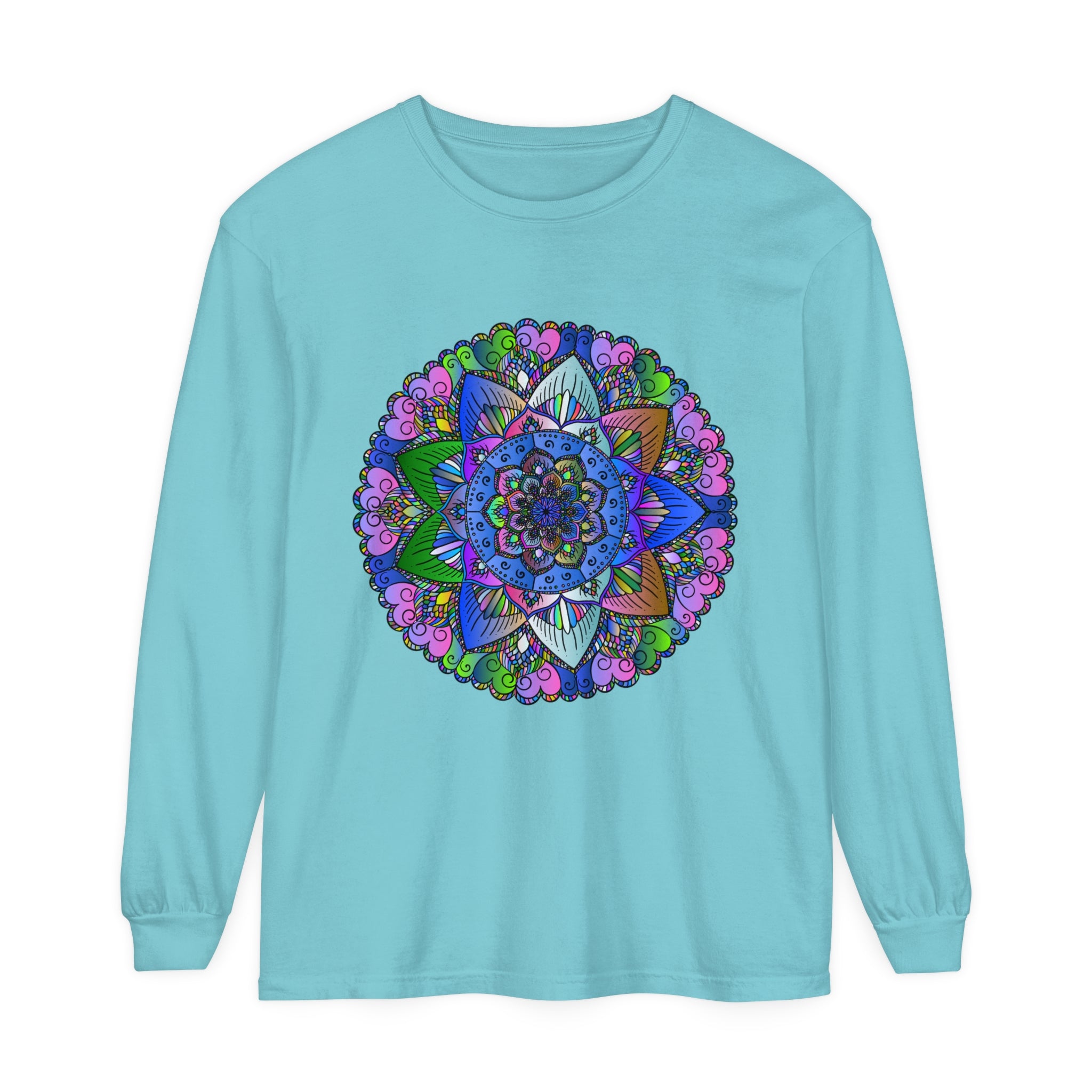 A colorful and intricate mandala design adorns this unisex long sleeve t-shirt