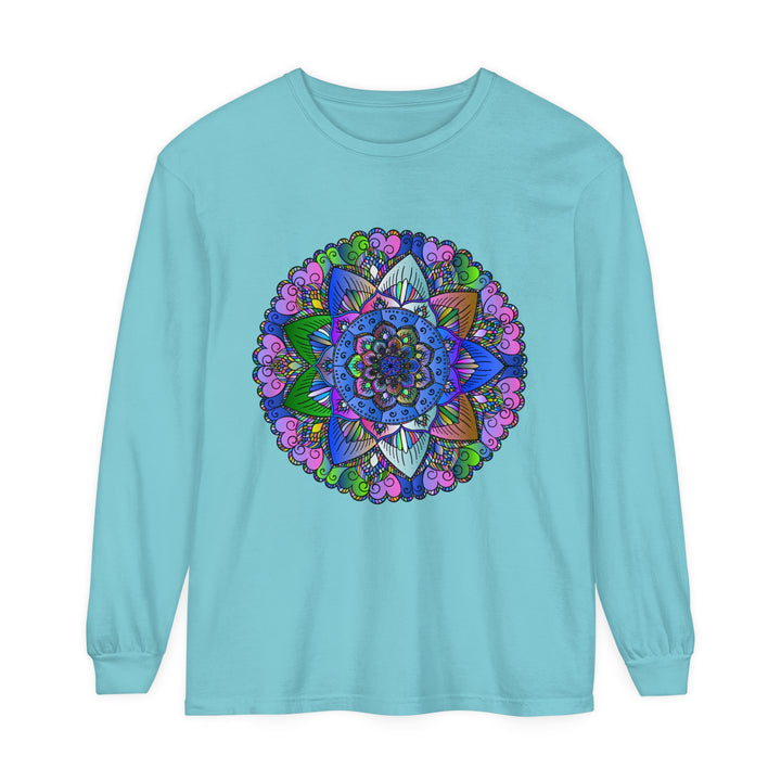 A colorful and intricate mandala design adorns this unisex long sleeve t-shirt