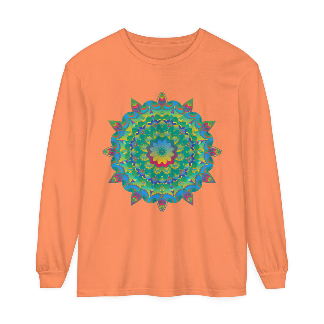 Colorful and intricate psychedelic mandala design on a long sleeve t-shirt