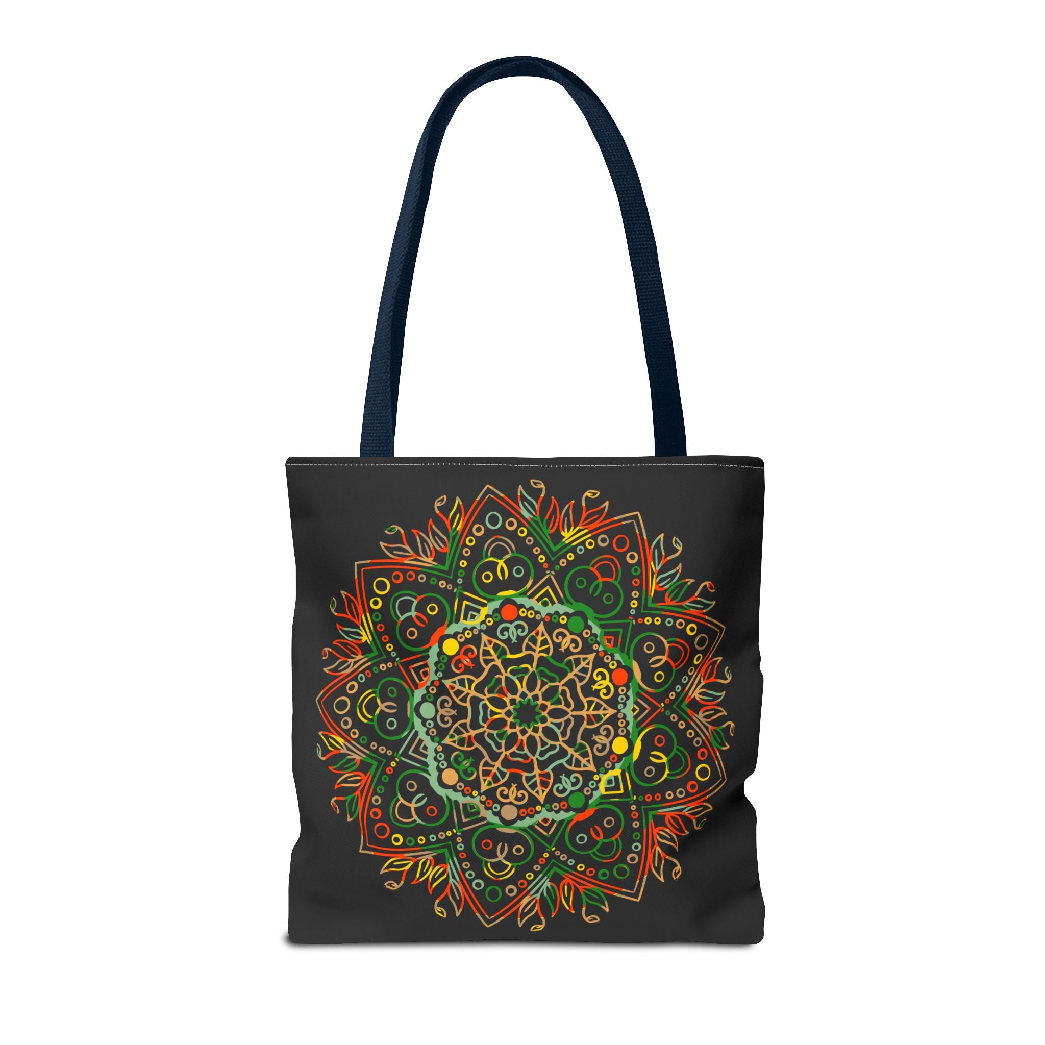 Colorful hand-drawn mandala art tote bag with all-over print design