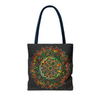 Colorful hand-drawn mandala art tote bag with all-over print design