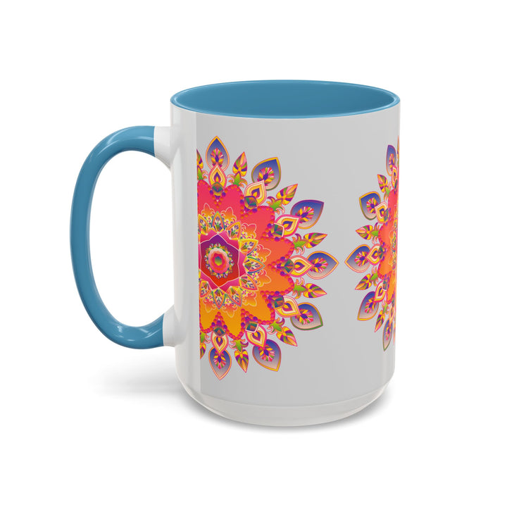 A beautifully designed mandala art mug with vibrant colors on a grey background