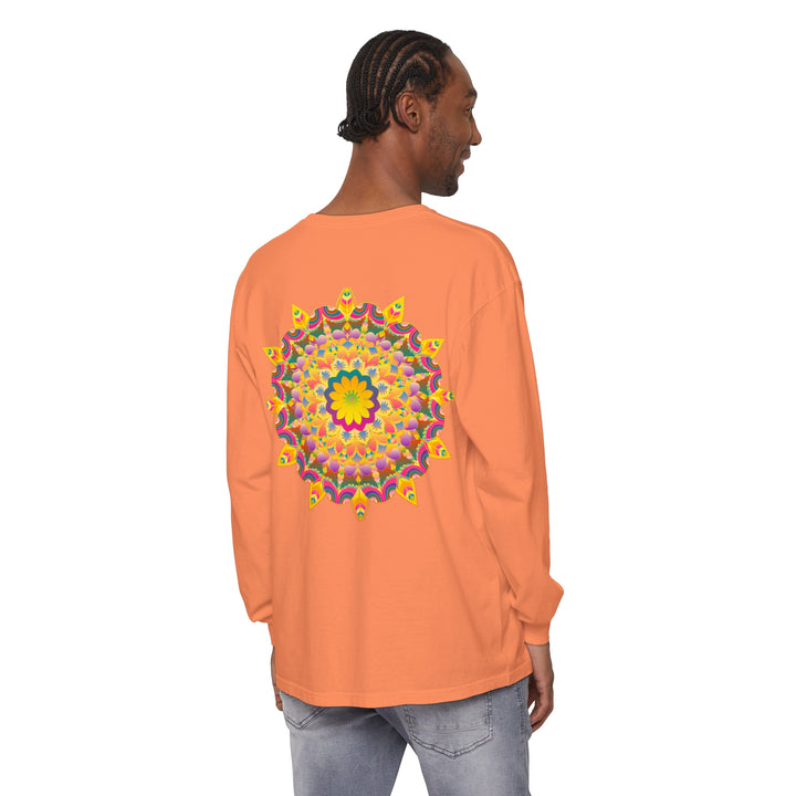 Colorful and intricate psychedelic mandala design printed on a long sleeve t-shirt