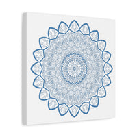 Beautiful handmade mandala design wall art in steel blue on matte canvas, stretched and 125 inches thick