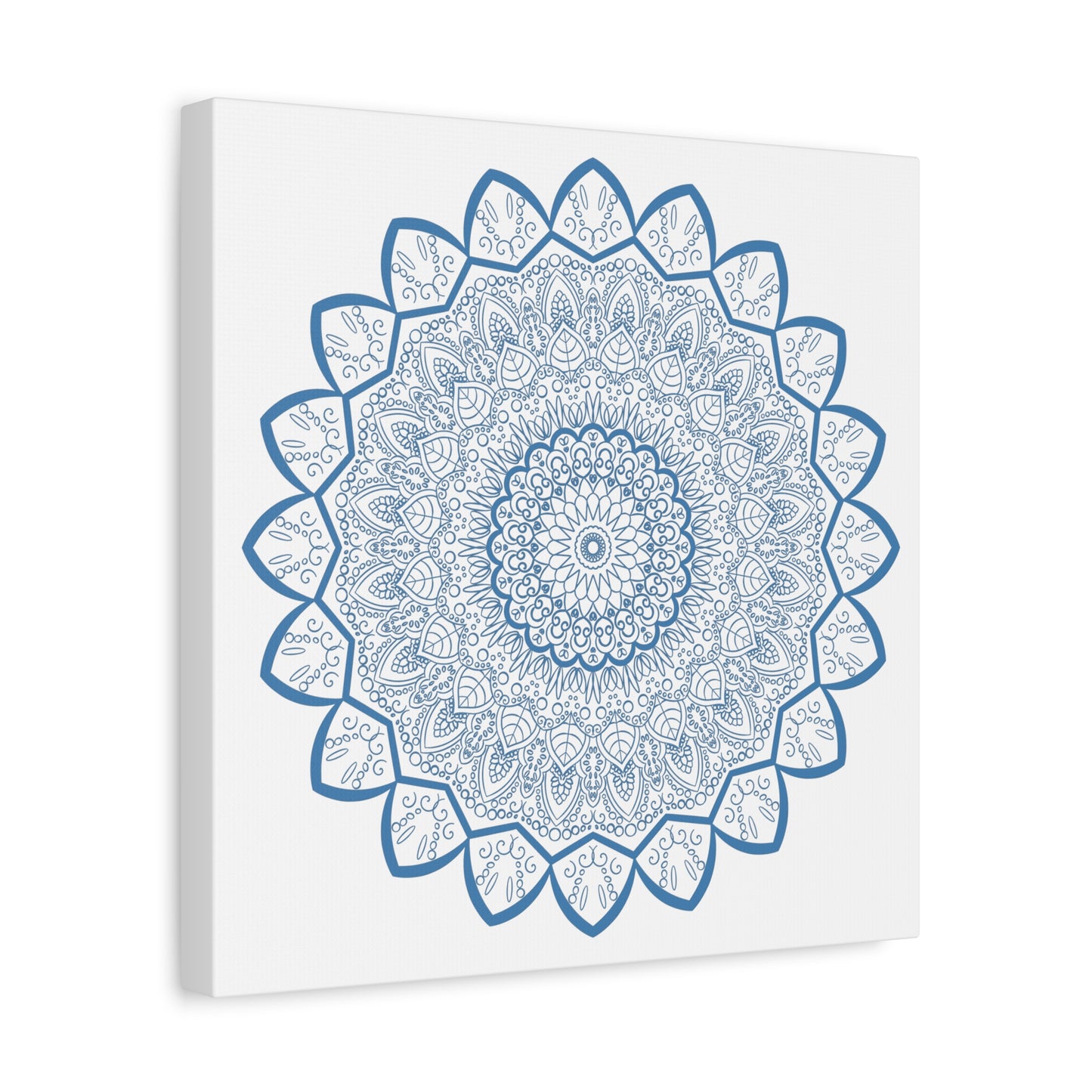 Beautiful handmade mandala design wall art in steel blue on matte canvas, stretched and 125 inches thick