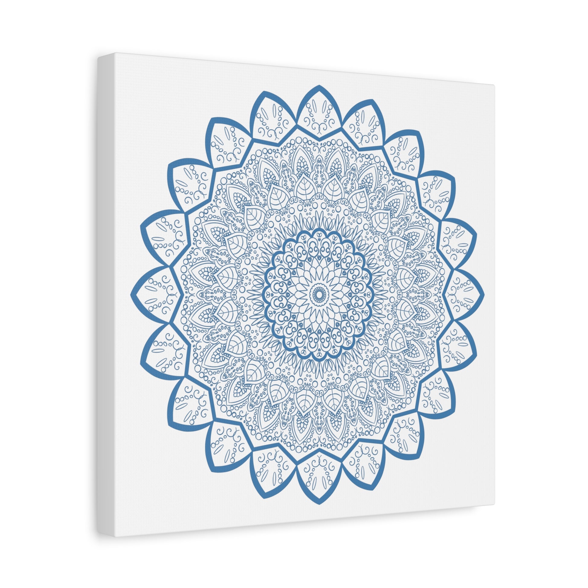 Beautiful handmade mandala design wall art in steel blue on matte canvas, stretched and 125 inches thick