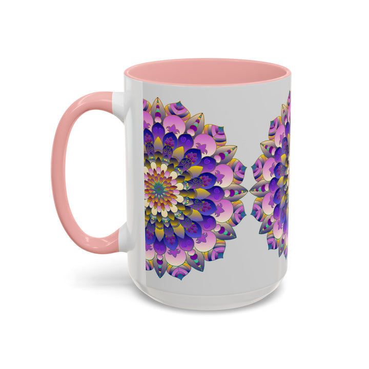 A beautiful mandala art mug featuring vibrant colors on a grey background, perfect for adding a pop of color to your coffee or tea breaks