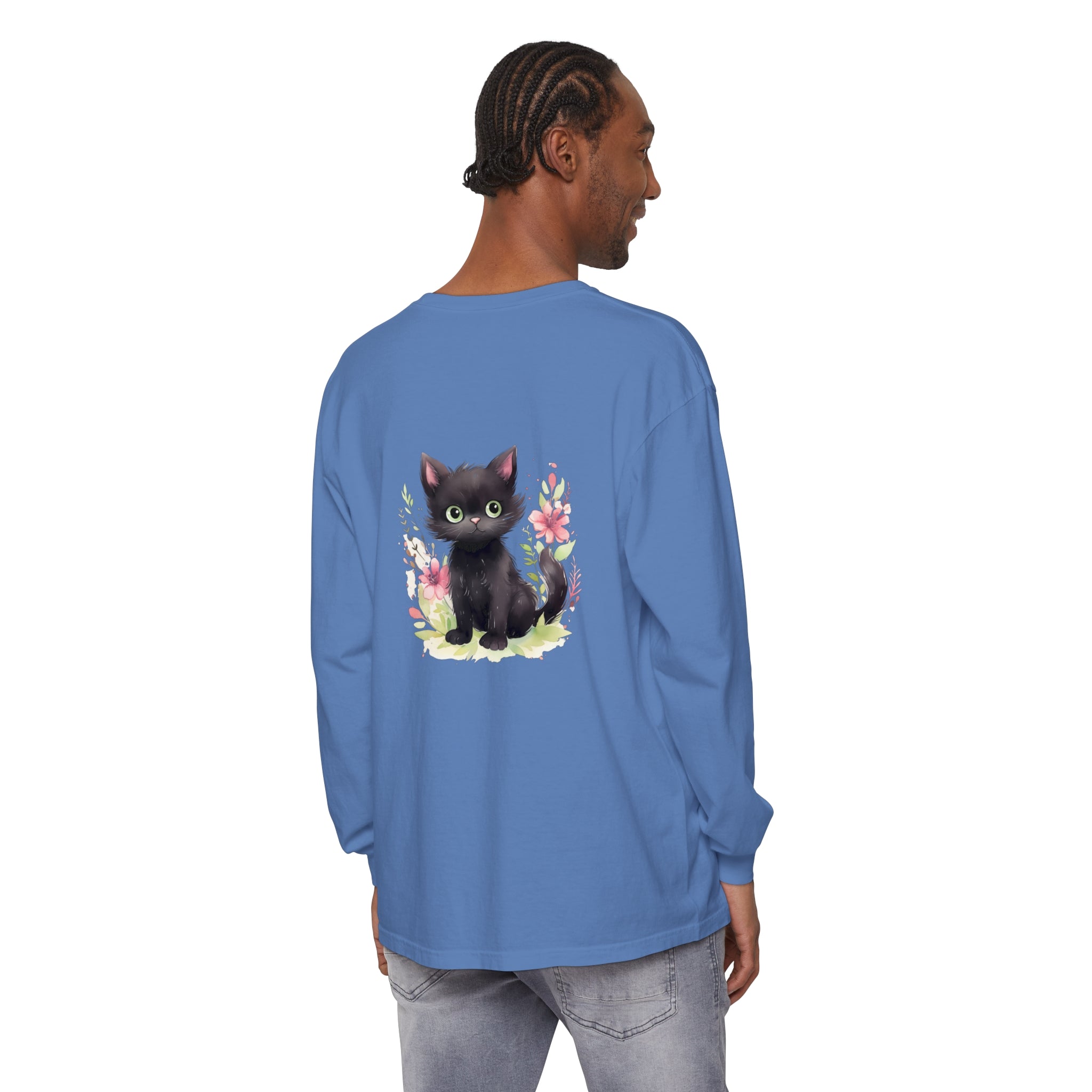 Adorable and charming t-shirt with a playful kitten and floral watercolor design