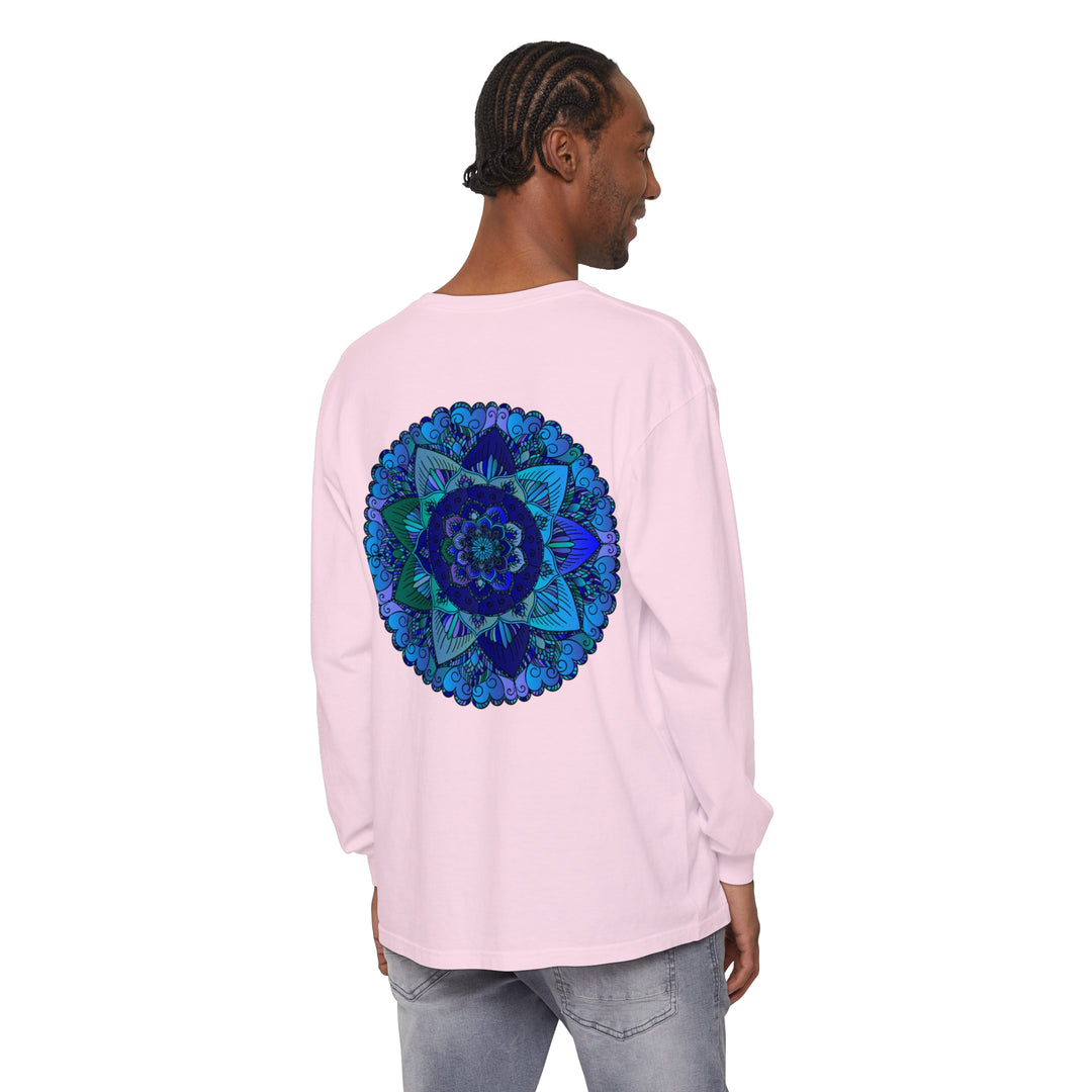 Dark blue and green mandala long sleeve t-shirt with intricate design