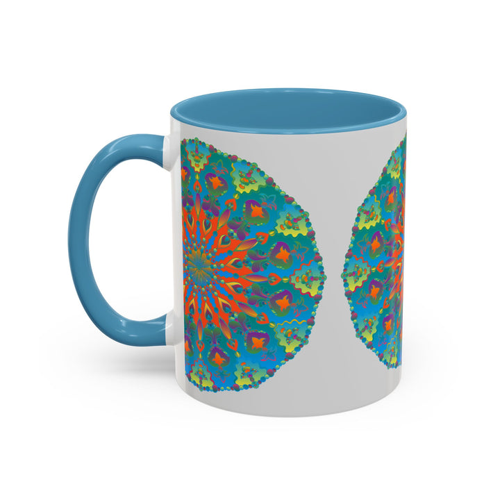 Beautiful ceramic mug featuring an intricate blue and green Mandala art design