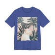 Fashionable cat graphic tee with a trendy white kitty and palm leaves