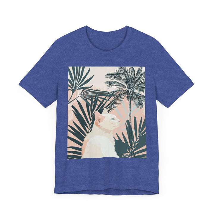 Fashionable cat graphic tee with a trendy white kitty and palm leaves