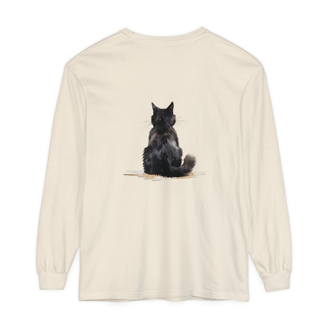 Black Cat Watercolor Unisex Long Sleeve T-Shirt in Black with Vibrant Cat Design