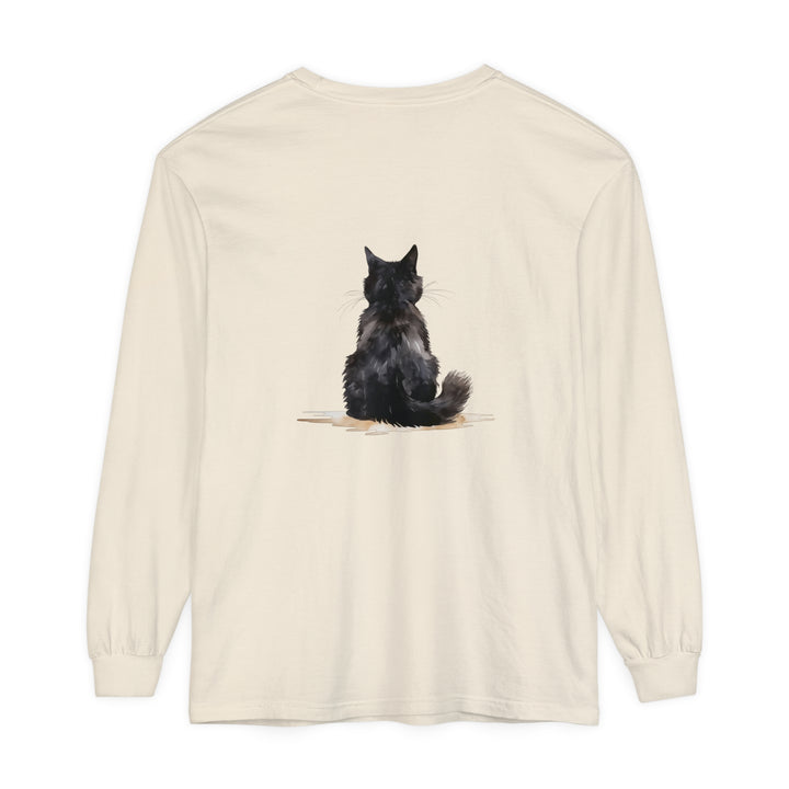 Black Cat Watercolor Unisex Long Sleeve T-Shirt in Black with Vibrant Cat Design